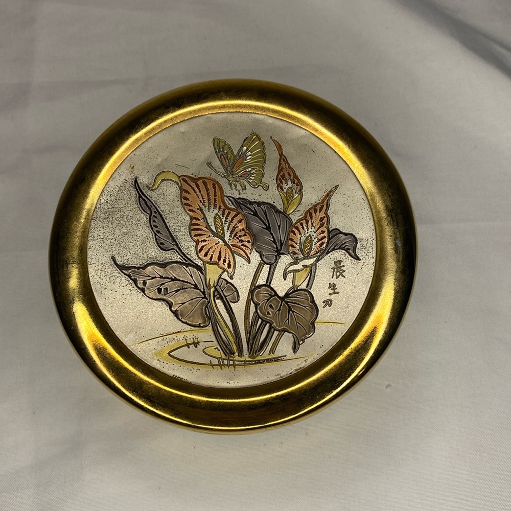 HIMARK The Art of Chokin Japan 24K Gold Trim Porcelain Trinket Box Flowers